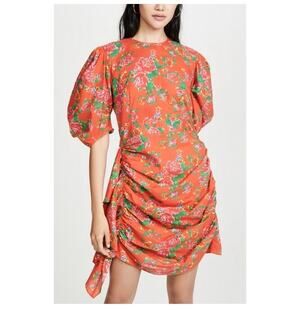 RHODE Pia Printed Puff-Sleeve Short Dress in Red Dazzle Tapestry Medium